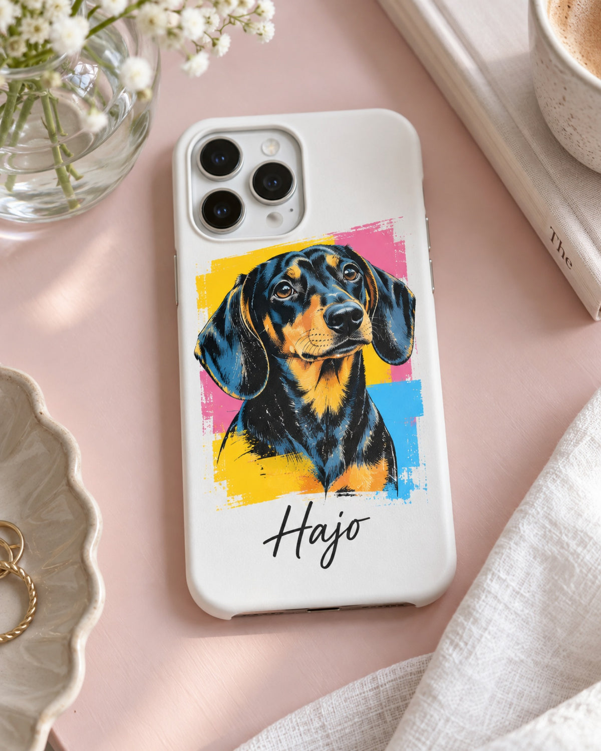 iPhone-Hülle mit Dackel im Pop-Art-Stil und Namen Hajo