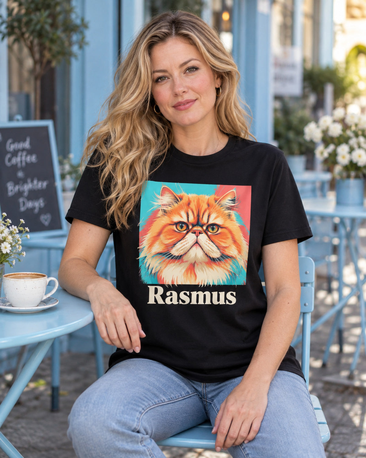 Frau im schwarzen T-Shirt mit Perserkatzen-Portrait im Pop-Art-Stil und Namen Rasmus im Café