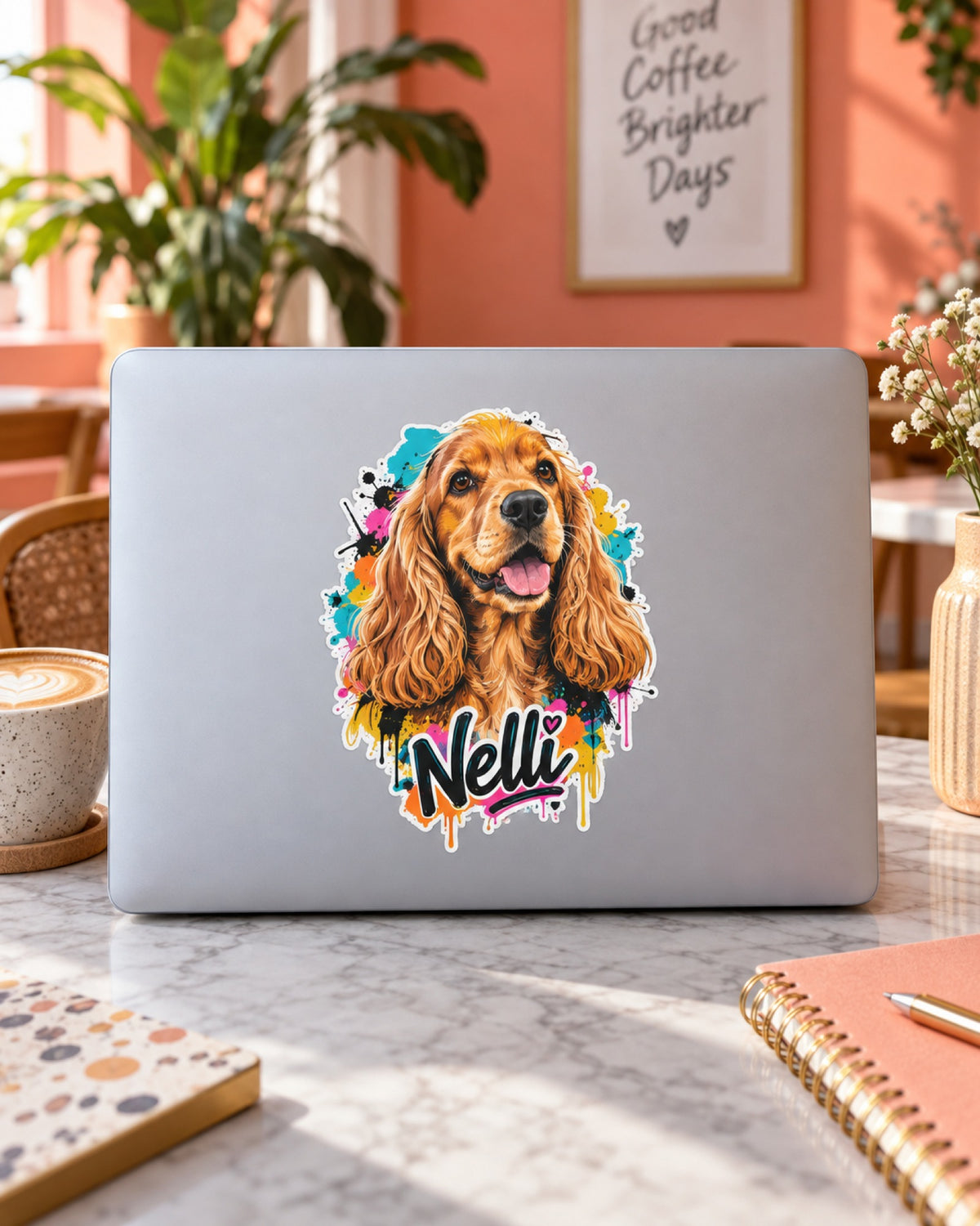 Sticker mit Cocker Spaniel im Street-Art-Stil und Namen Nelli auf dem Laptop