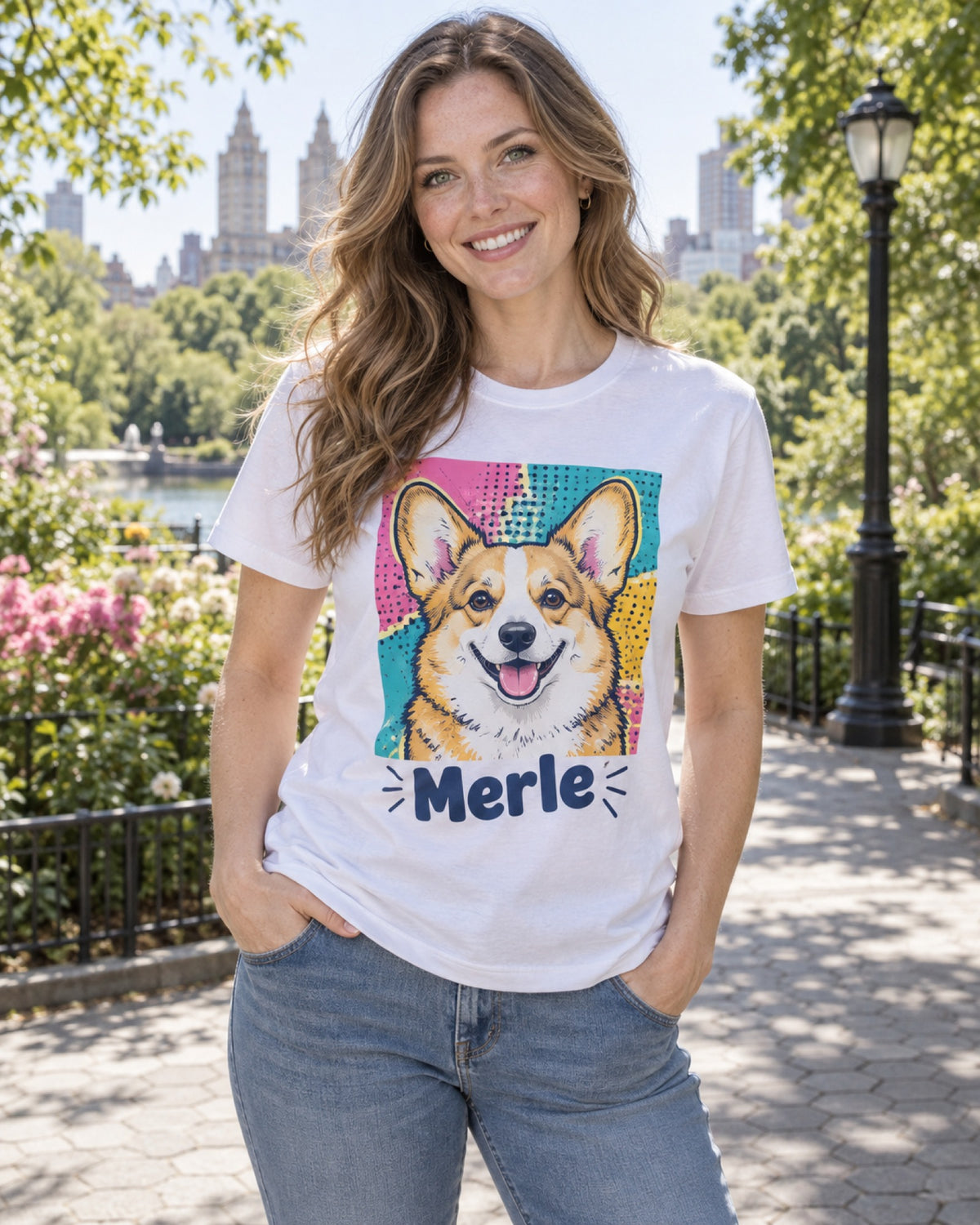 Frau im weißen T-Shirt mit Corgi-Portrait im Pop-Art-Stil und Namen Merle in der Stadt