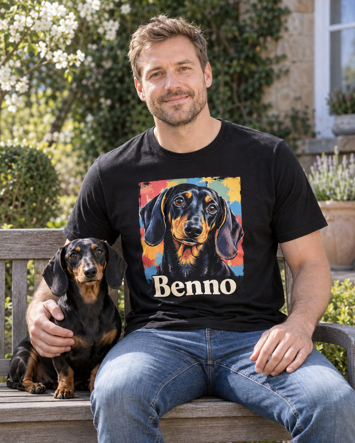 Mann im schwarzen T-Shirt mit Dackel-Portrait im Pop-Art-Stil und Namen Benno, sein Dackel sitzt daneben