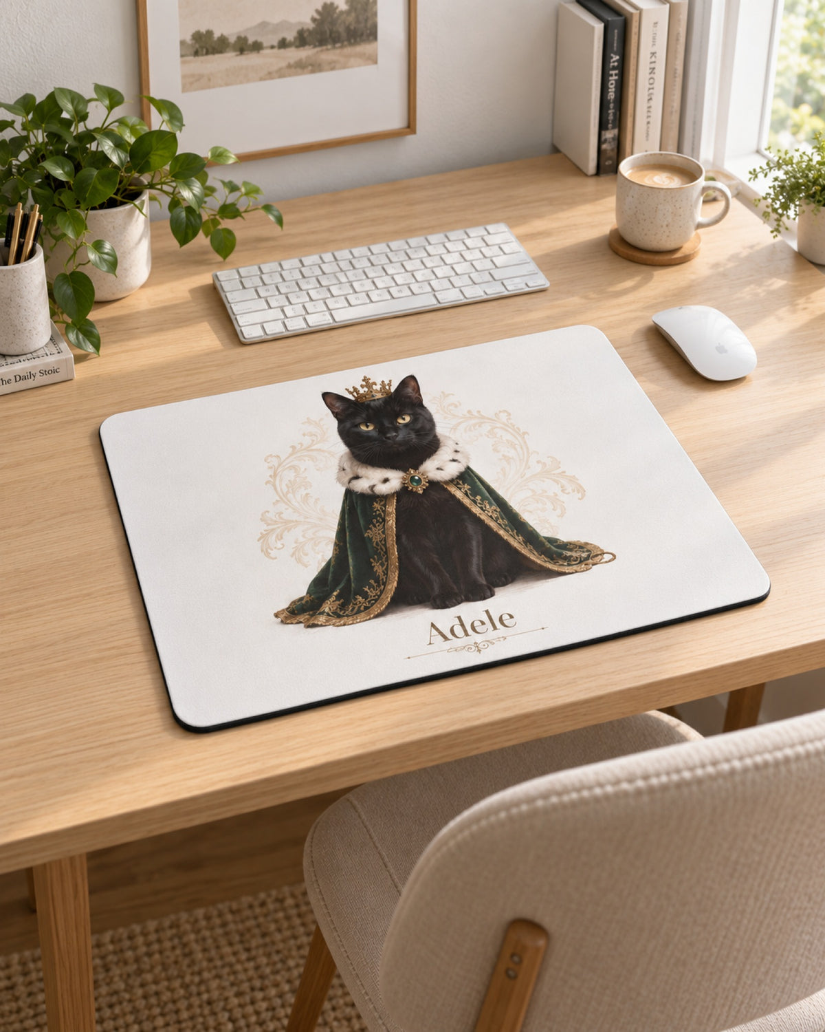 Mauspad mit schwarzer Katze im Royal-Stil und Namen Adele am Schreibtisch