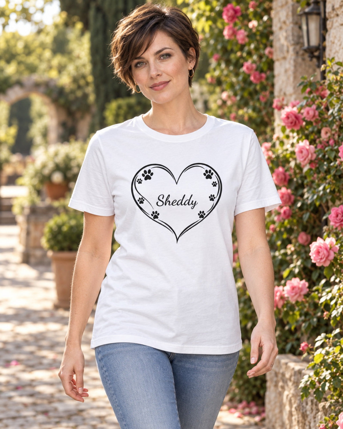 Frau im weißen T-Shirt mit Herz aus Pfoten und Namen im Rosengarten