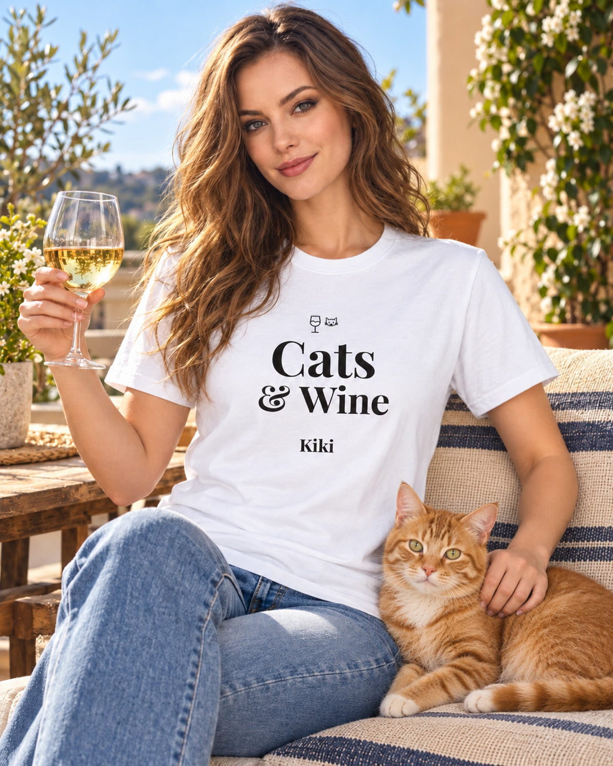 Weißes T-Shirt Cats und Wine mit Namen Kiki, die Frau hält ein Weinglas und sitzt mit ihrer roten Katze auf der Terrasse