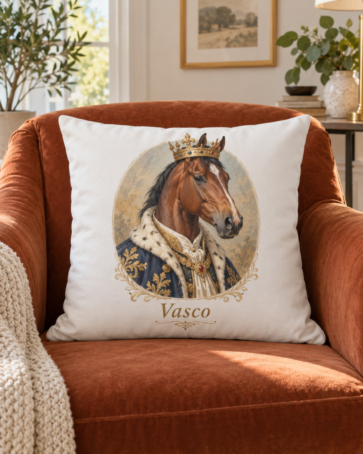 Kissenbezug mit Braunem im Royal-Stil und Namen Vasco im Sessel