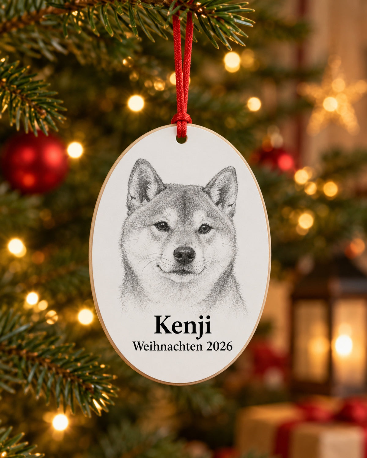 Ovaler Holzanhänger mit Shiba Inu als Zeichnung, Namen Kenji und Weihnachten 2026 am Baum