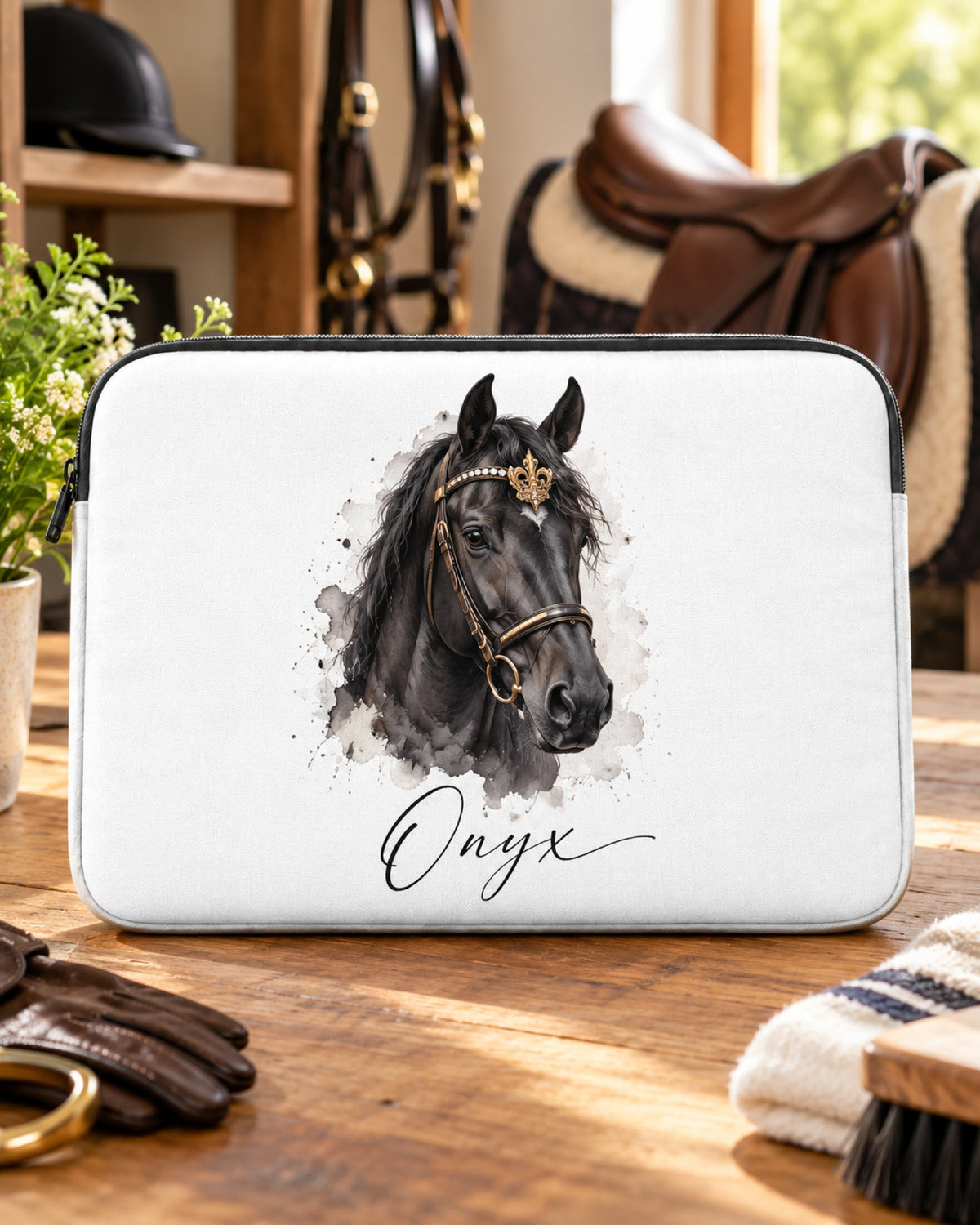 Laptophülle mit Rappe im Royal-Stil und dem Namen Onyx in der Sattelkammer neben Sattel und Reithandschuhen