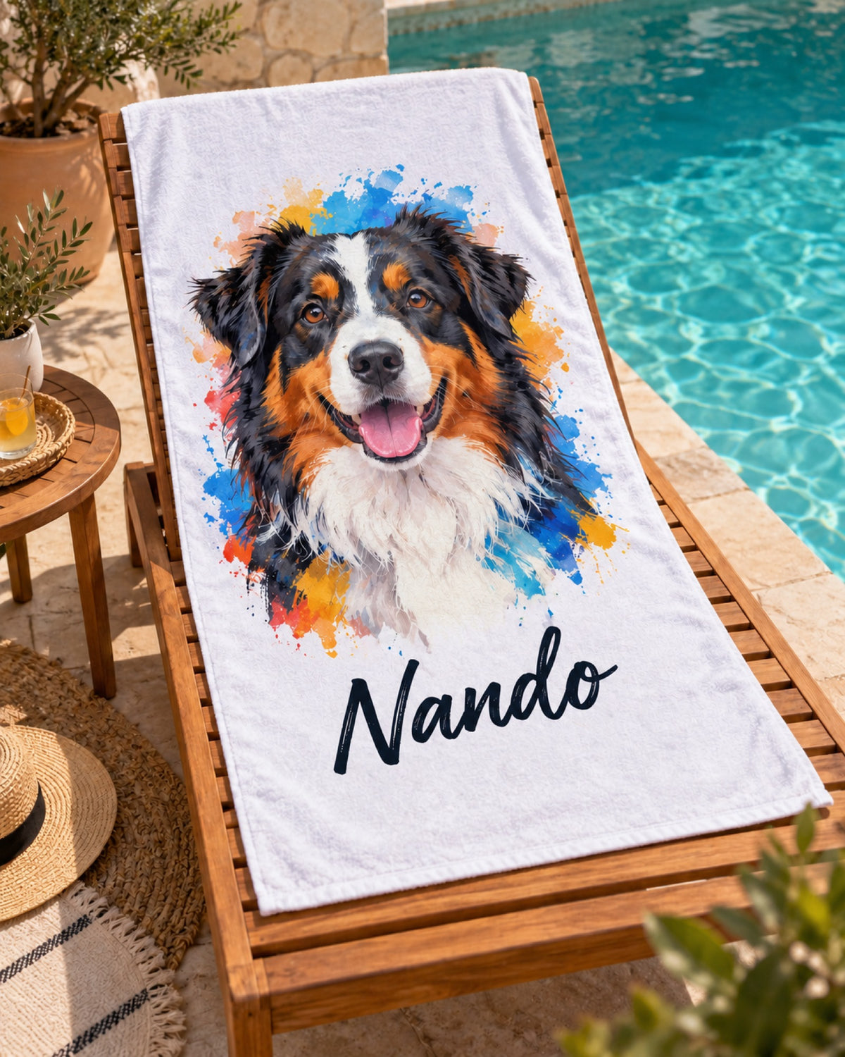 Badetuch mit Berner Sennenhund im Pop-Art-Stil und Namen Nando auf der Liege am Pool