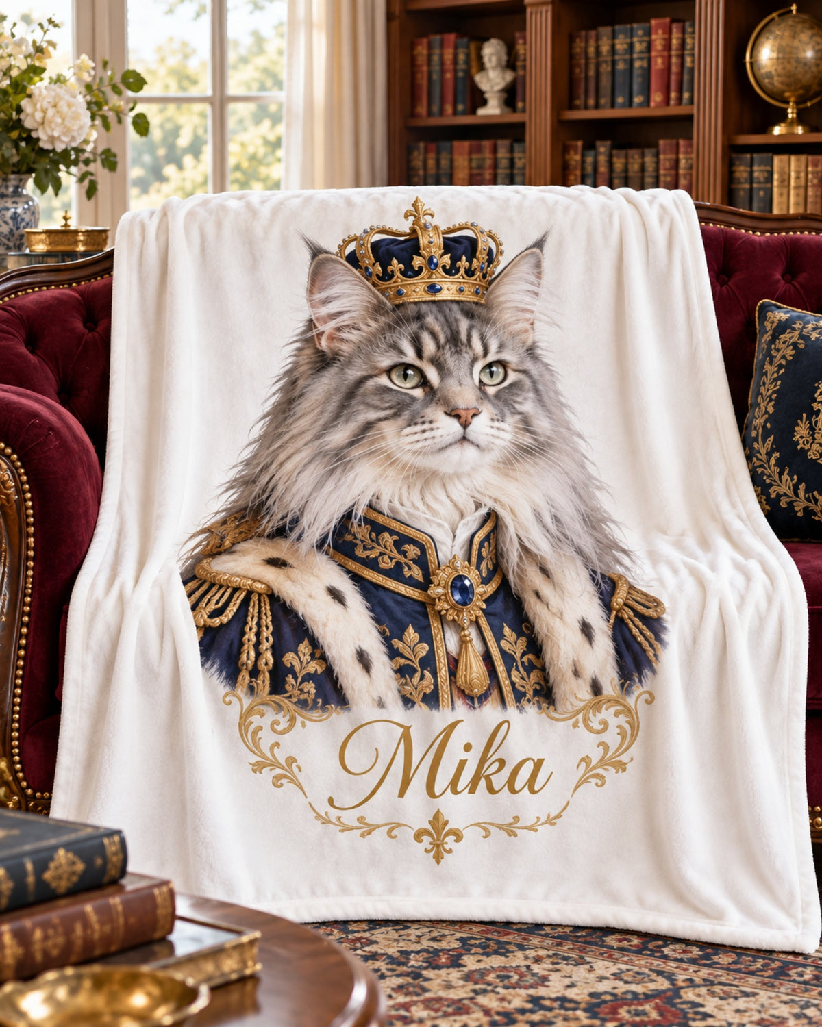 Kuscheldecke mit Maine Coon im Royal-Stil und Namen Mika im Sessel