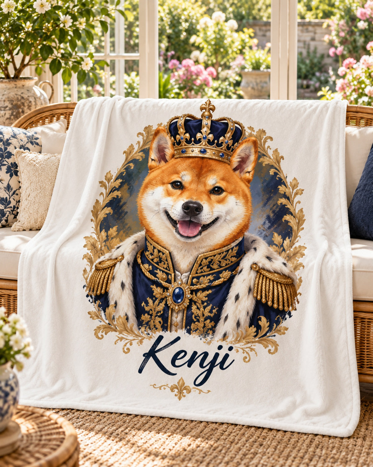 Kuscheldecke mit Shiba Inu im Royal-Stil und Namen Kenji auf dem Sofa