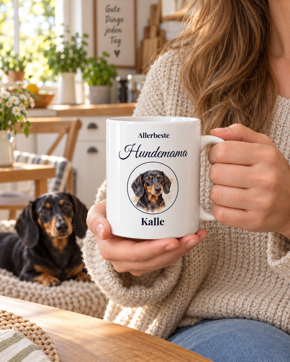 Tasse Allerbeste Hundemama mit Dackel Kalle, gehalten von einer Frau, der Dackel liegt daneben