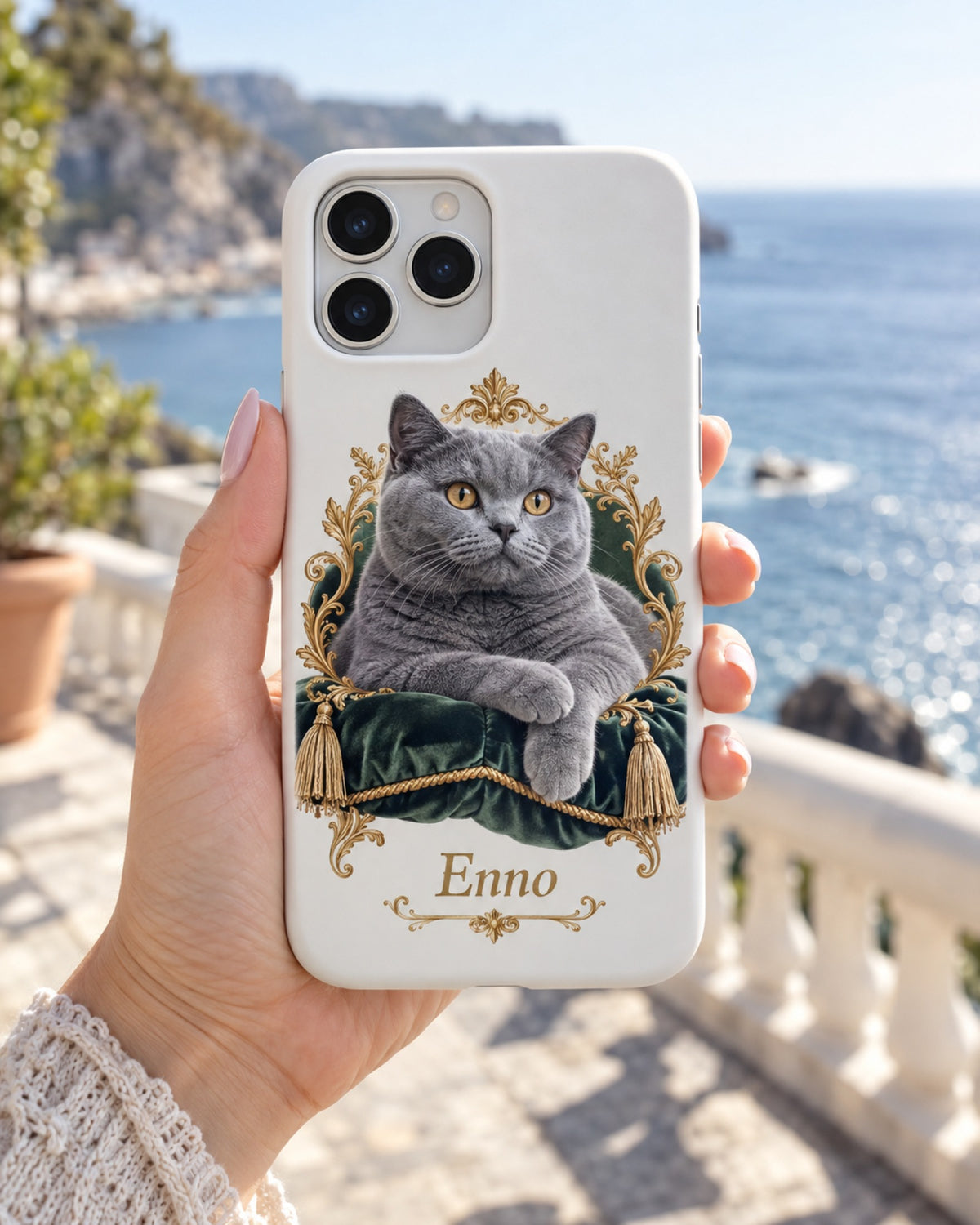 iPhone-Hülle mit Britisch-Kurzhaar-Katze im Royal-Stil und Namen Enno