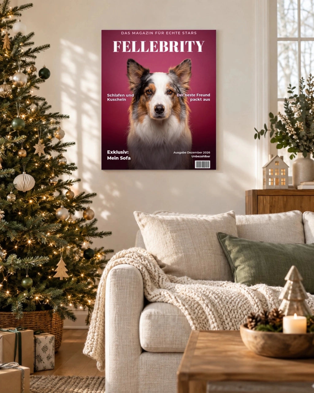 Copertina di rivista su tela in un salotto natalizio