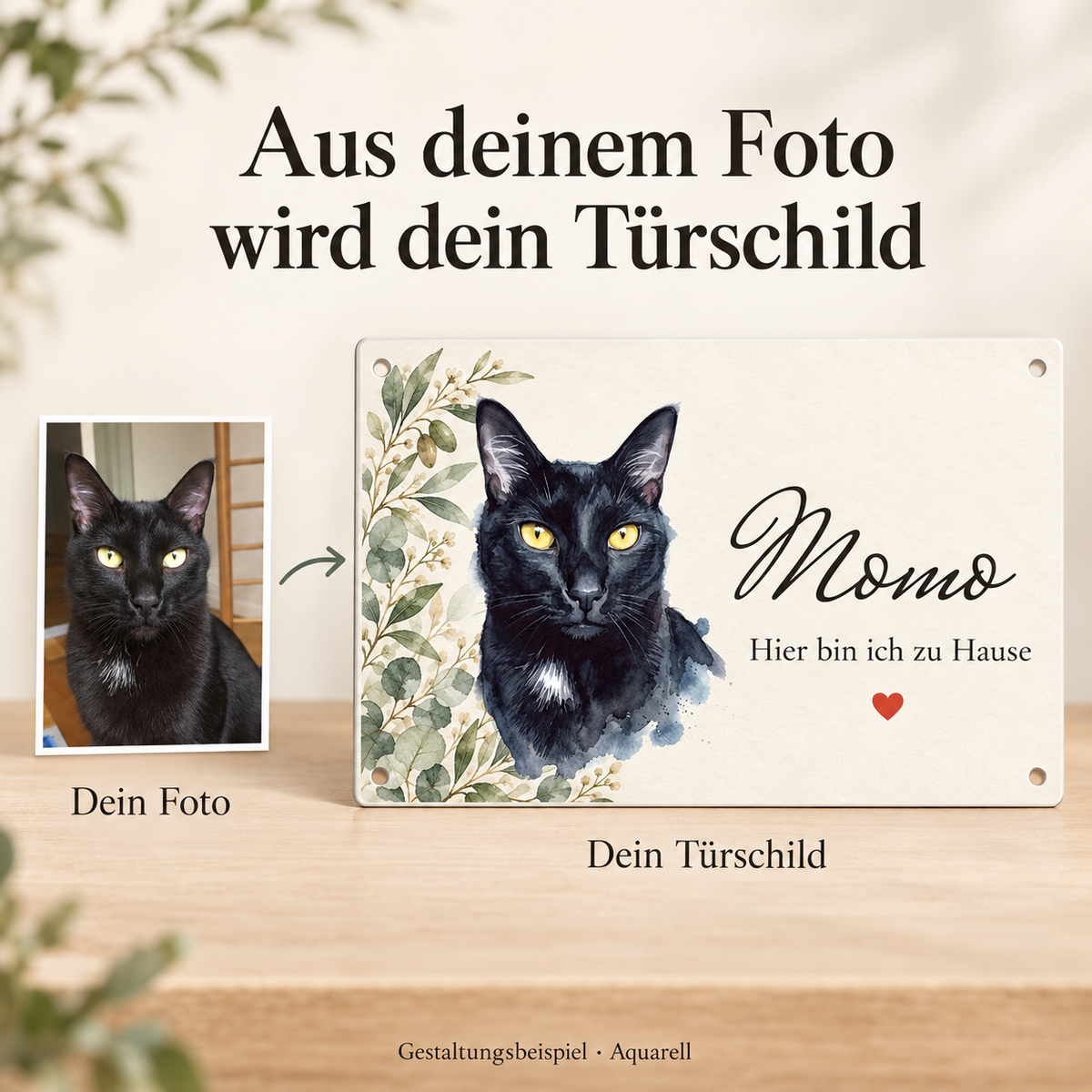 Vom eigenen Katzenfoto zum persönlichen Türschild im Aquarell-Stil