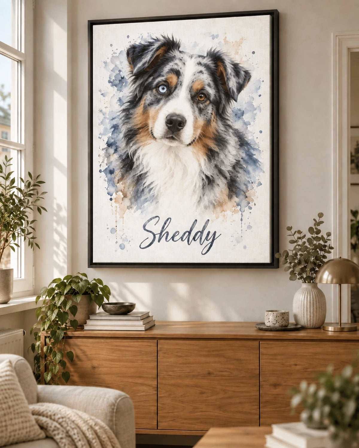 Hundeportrait auf Leinwand im schwarzen Schattenfugenrahmen, Australian Shepherd im Aquarell-Stil mit Namen Sheddy, über einem Sideboard