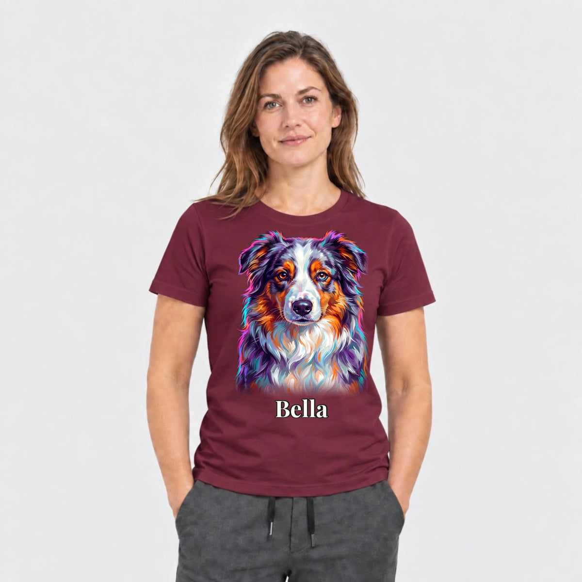 T-Shirt in Bordeaux mit Hundeportrait und Namen