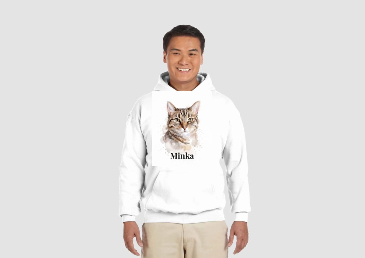 Hoodie in Weiß mit Katzenportrait und Namen