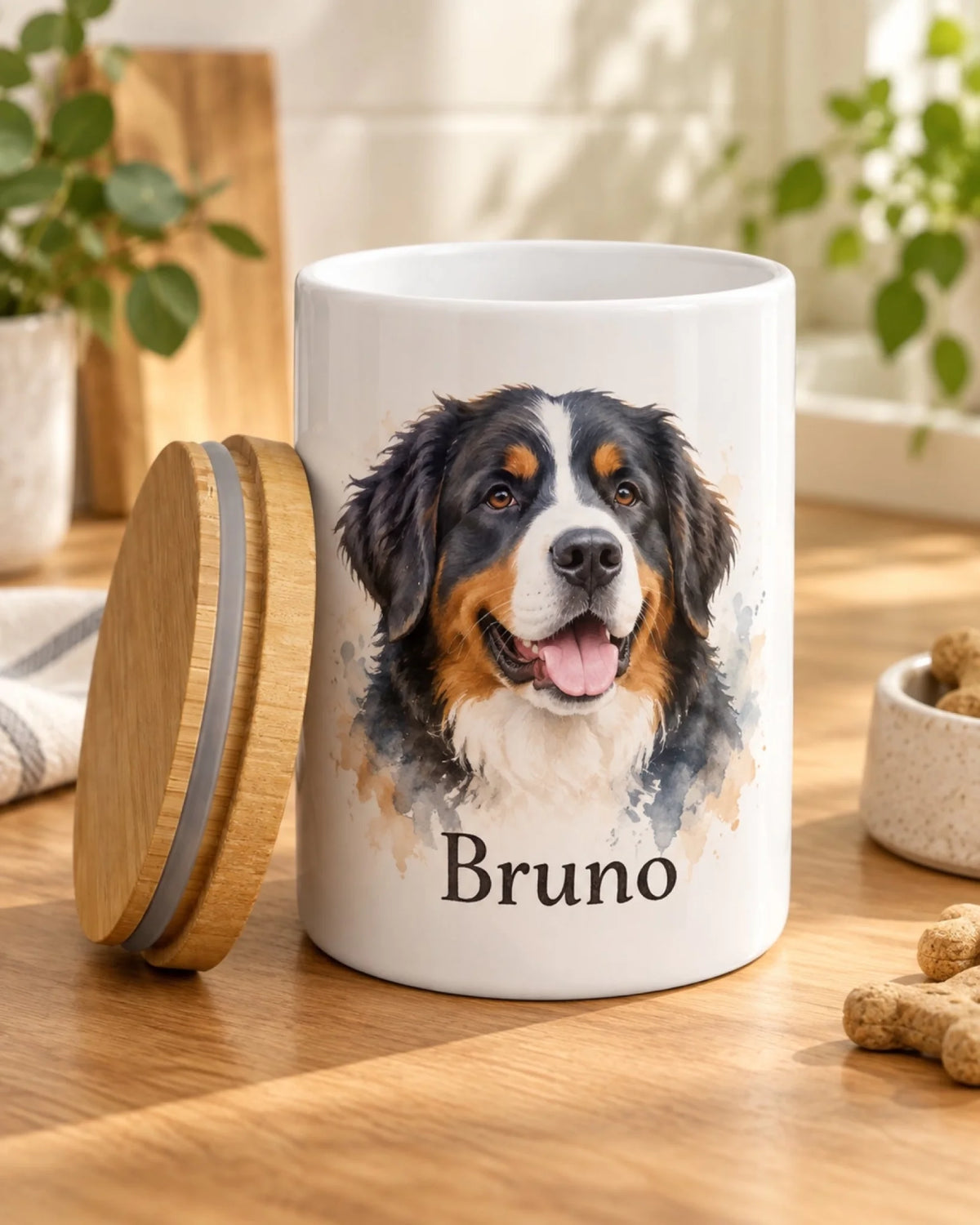 Leckerlidose mit Berner Sennenhund Bruno im Aquarellstil