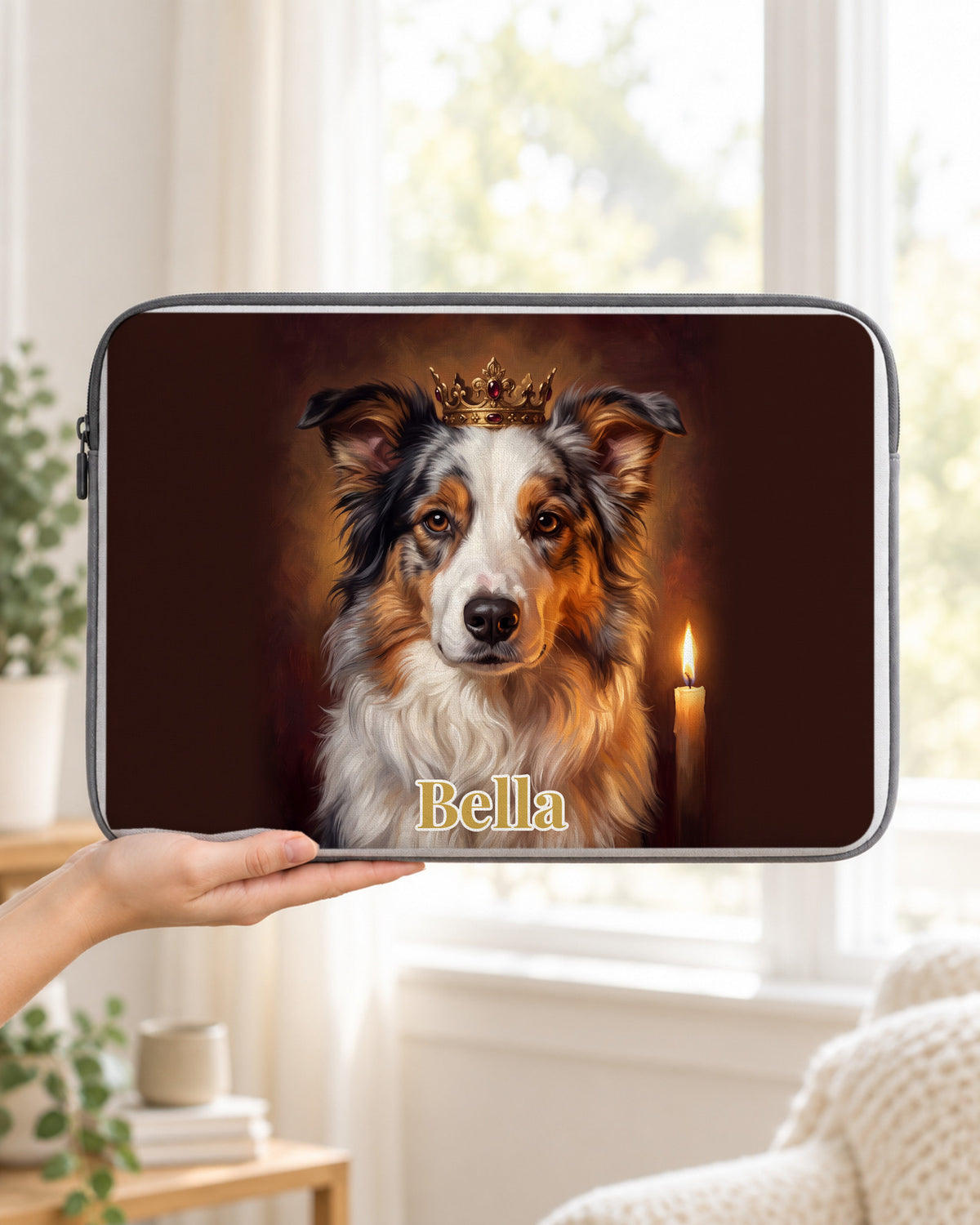 Laptophülle mit Hundeportrait im Royal-Stil und Namen Bella in der Hand