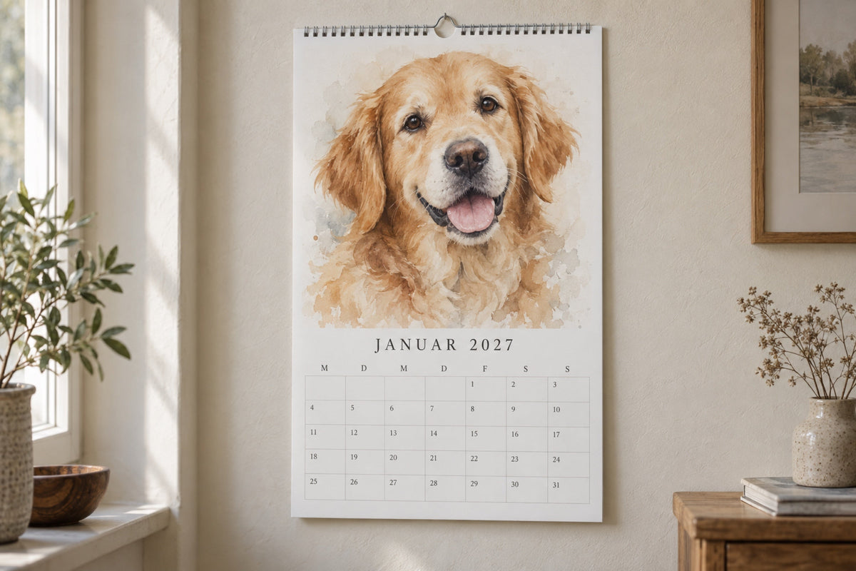 Haustier-Wandkalender 2027 mit Hundeportrait an der Wand