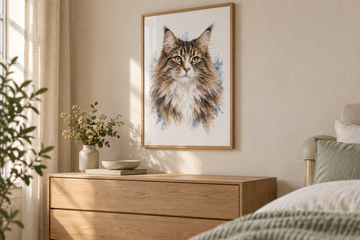 Katzenportrait im Aquarell-Stil, gerahmt an einer Wohnzimmerwand
