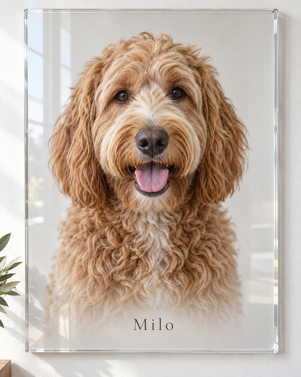 Hundeportrait auf Acrylglas: Goldendoodle mit dem Namen Milo