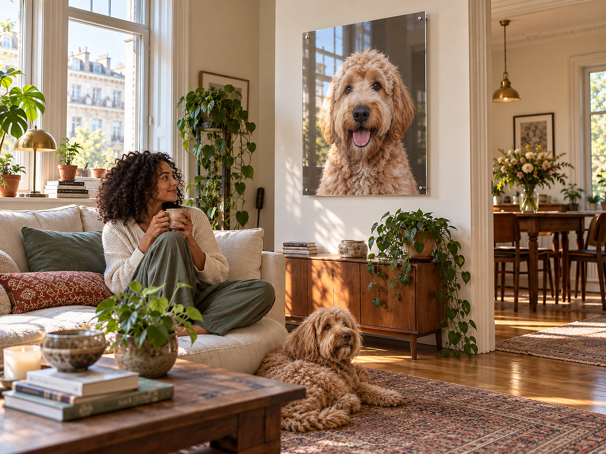 Hundeportrait auf Acrylglas im Wohnzimmer, Goldendoodle mit dem Namen Milo
