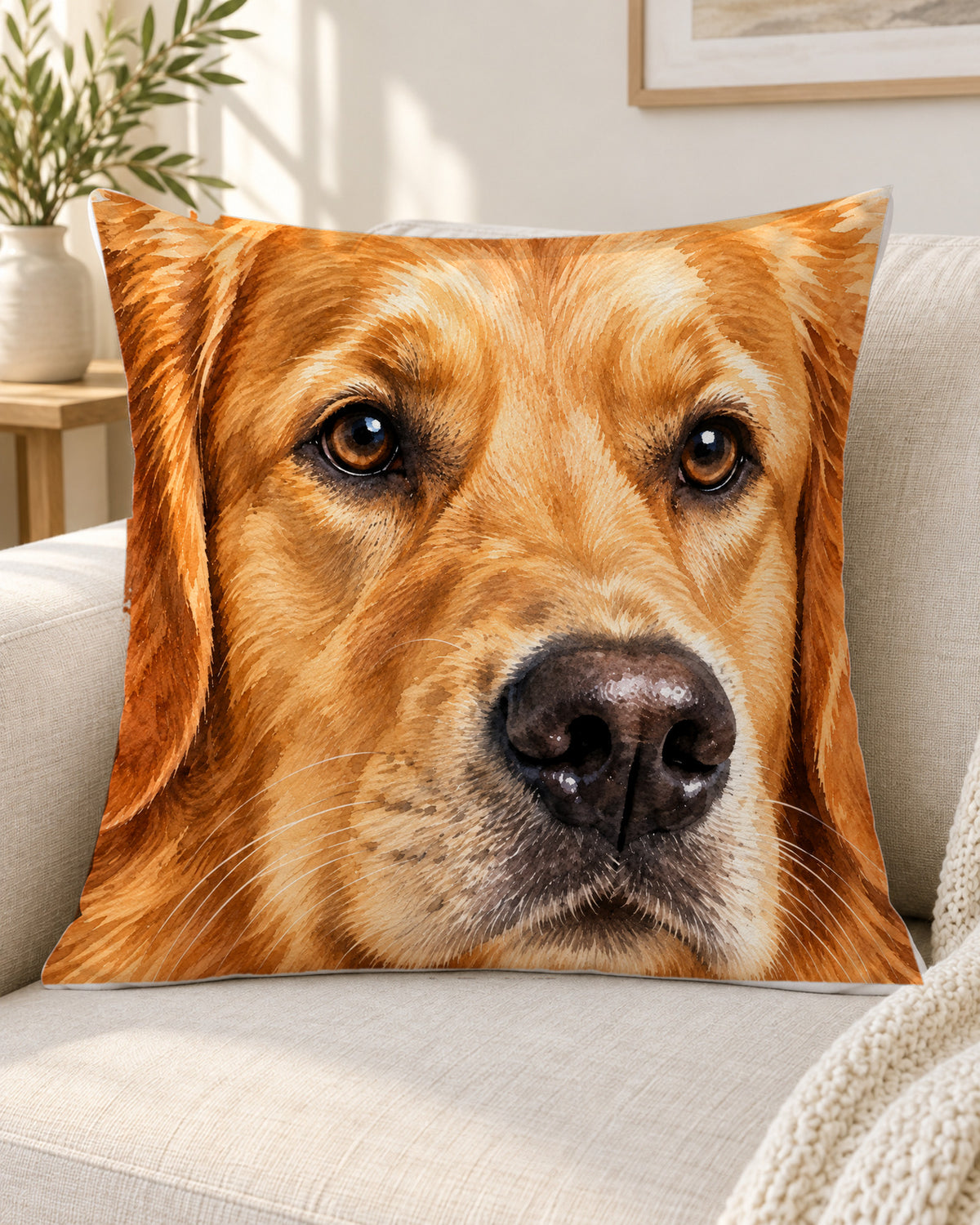 Kissen mit gemaltem Hundegesicht ganz nah auf dem Sofa