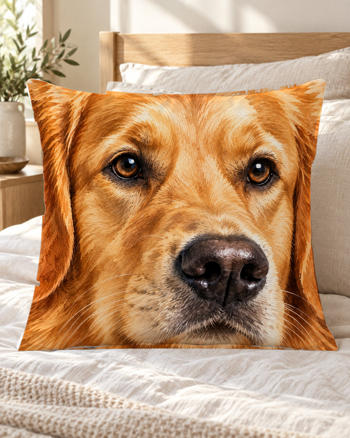 Kissen mit gemaltem Hundegesicht ganz nah auf dem Bett