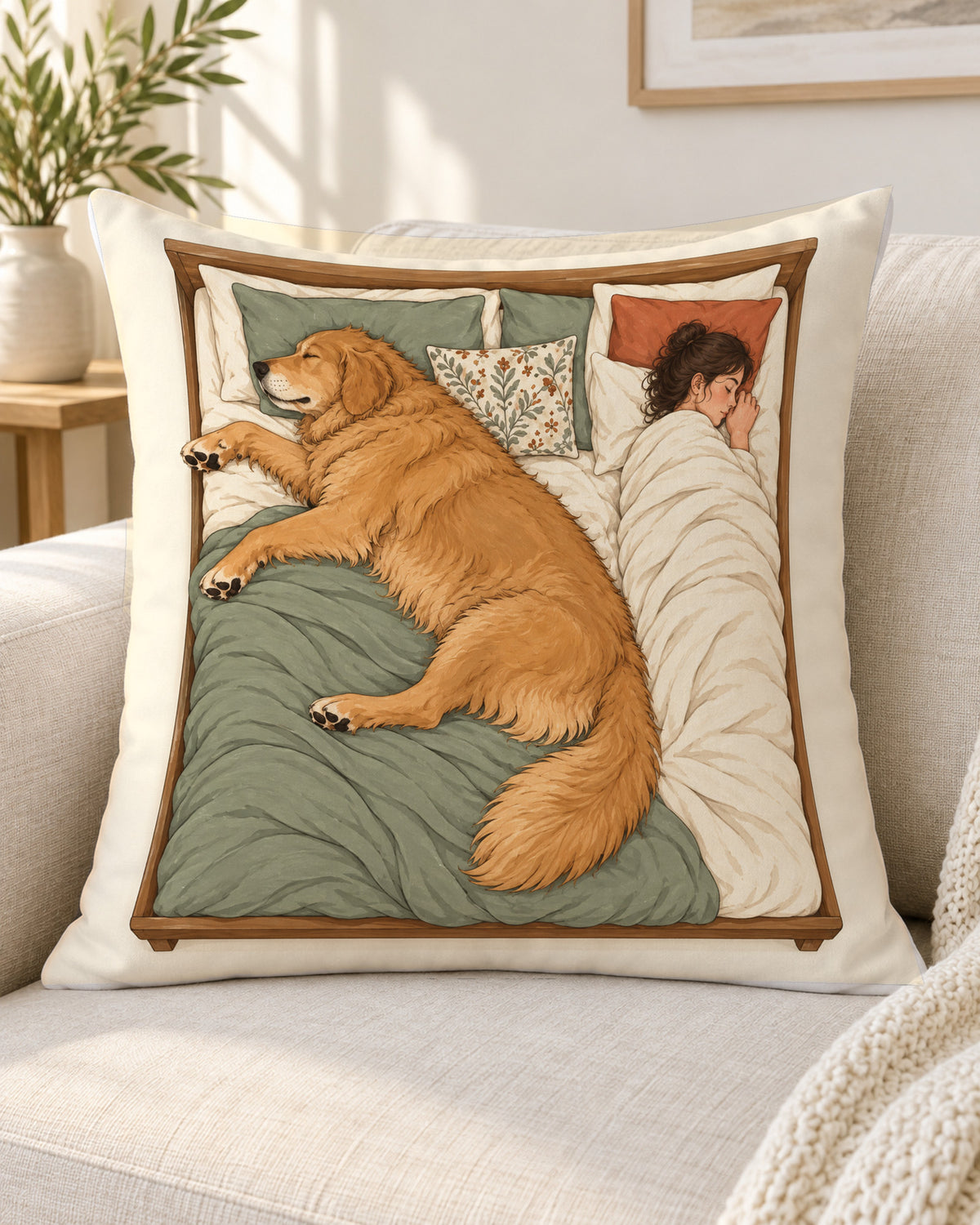 Kissen mit Hund, der das Bett für sich beansprucht auf dem Bett