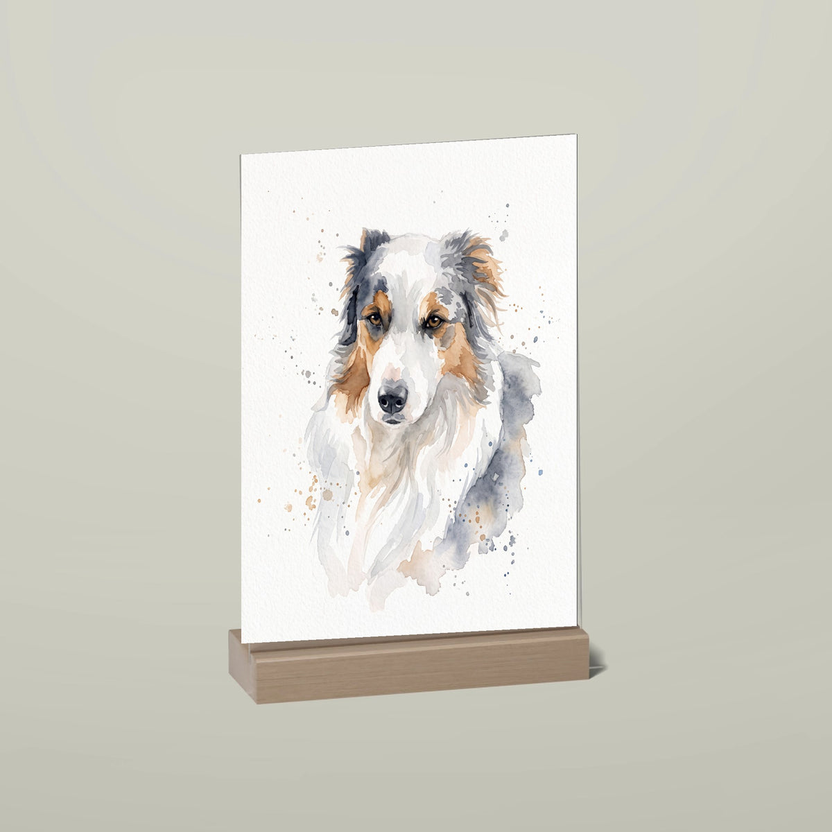 Hundeportrait als Acryl-Aufsteller mit Holzfuß im Stil Aquarell, mit Name und Zusatzzeile