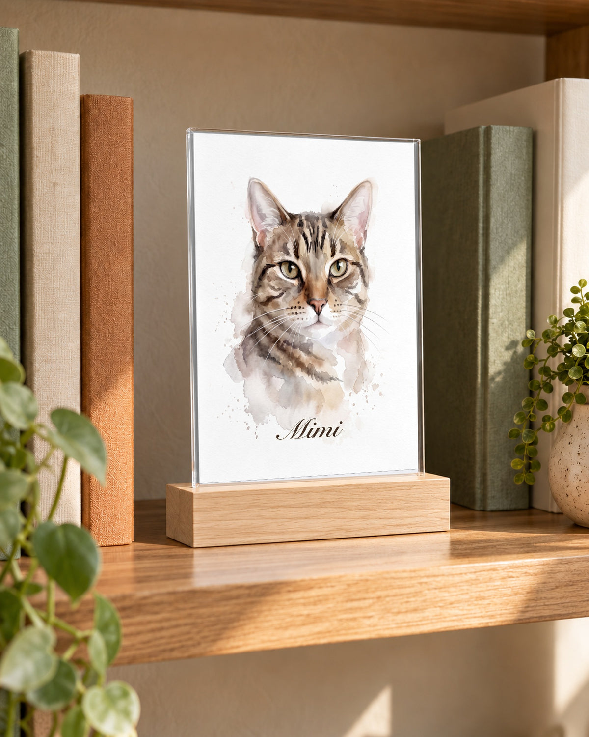 Katzenportrait im Aquarell-Stil als Acryl-Aufsteller mit Holzfuß und dem Namen Mimi, im Regal zwischen Büchern