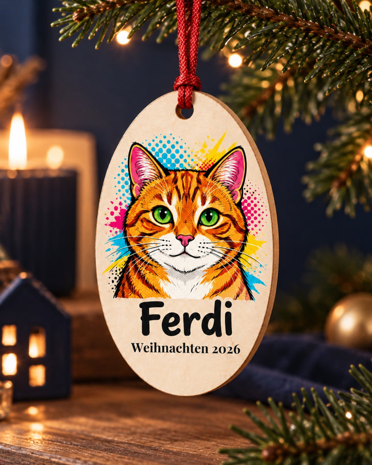 Baumschmuck aus Holz als Oval mit roter Tigerkatze Ferdi an einem kleinen Zweig vor einer navyblauen Adventsecke
