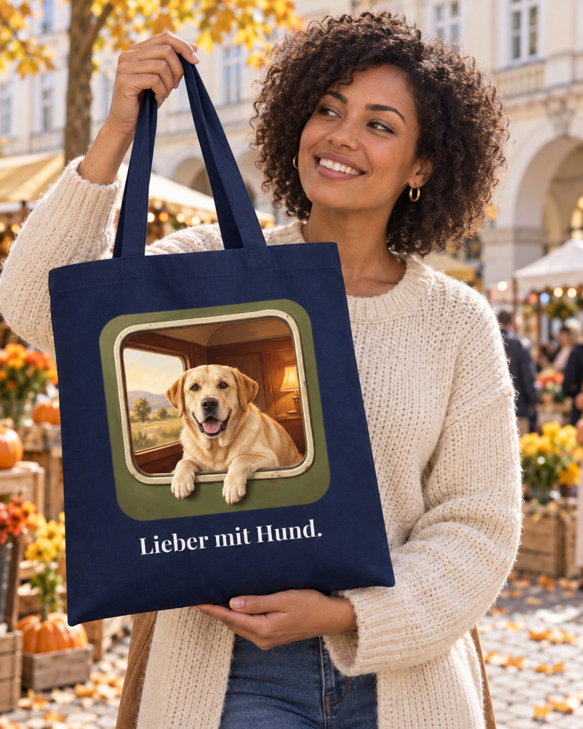 Marineblaue Stofftasche Lieber mit Hund mit Labrador im Zugfenster an einem herbstlichen Stadtplatz vor hellen Arkaden