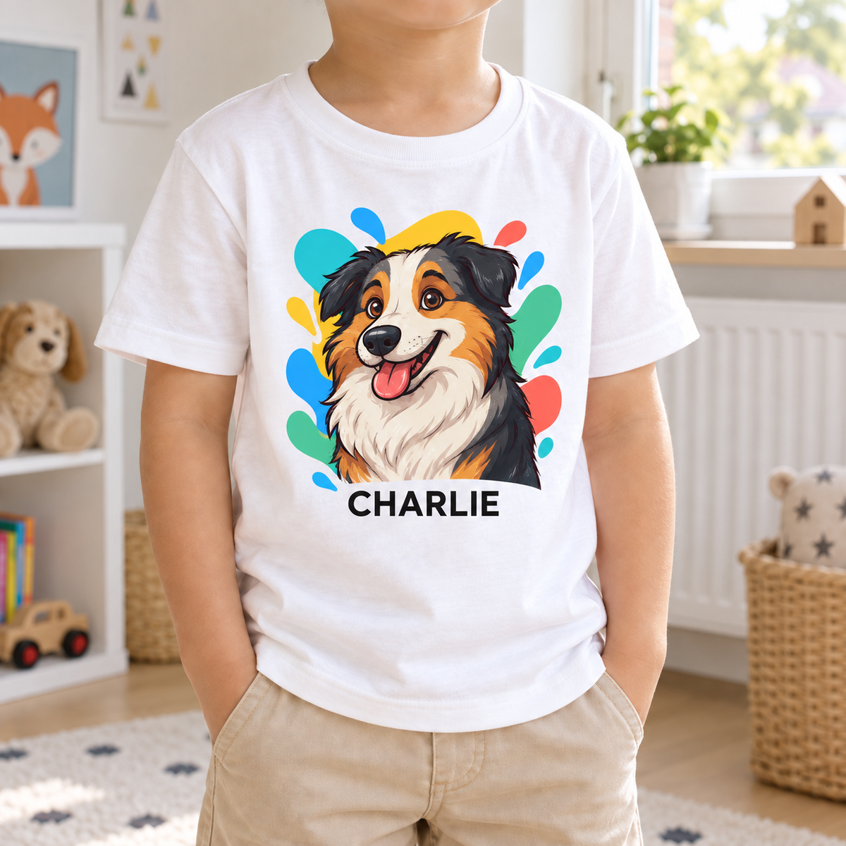 Cartoon-Kinder-T-Shirt in Weiß mit Hundeportrait und Beispielname Charlie