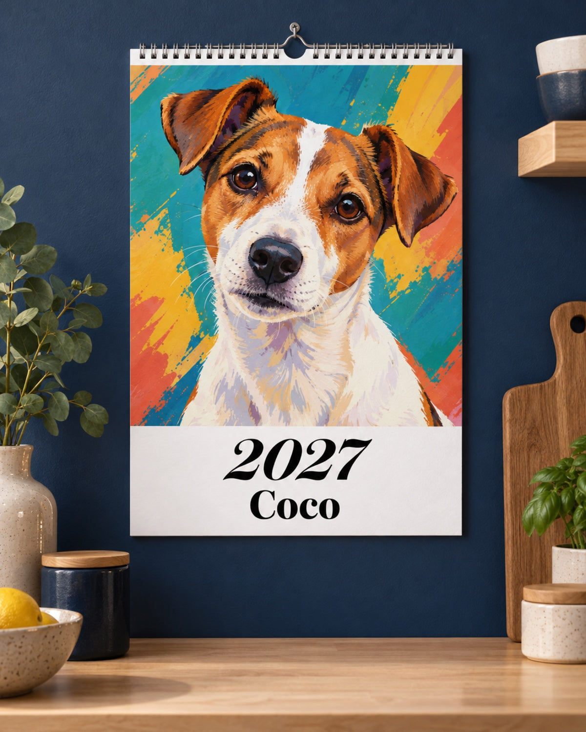 Wandkalender 2027 mit Jack Russell Coco im Pop Art Portrait an einer navyblauen Küchenwand über Birkenkonsole