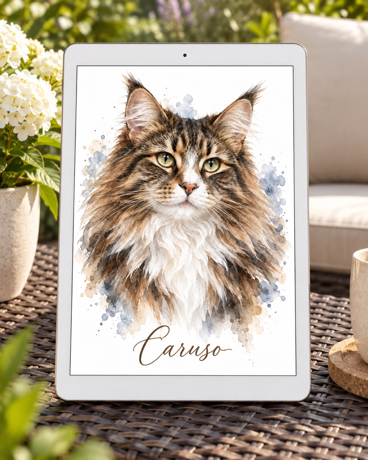 Digitales Tierportrait mit Maine Coon im Aquarell Stil und Namen Caruso als Beispiel auf einem weißen Tablet auf einer dunklen Rattanbank im Sommergarten