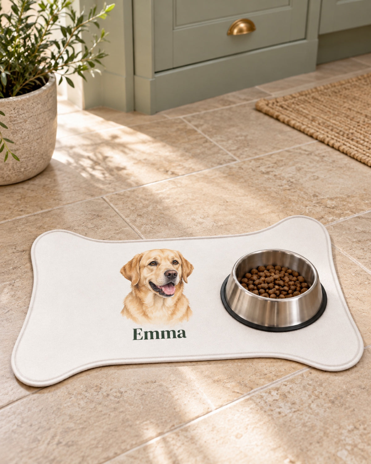 Kleine knochenförmige Futtermatte mit Golden Retriever Emma auf einem hellen Steinboden in einer salbeigrünen Küche