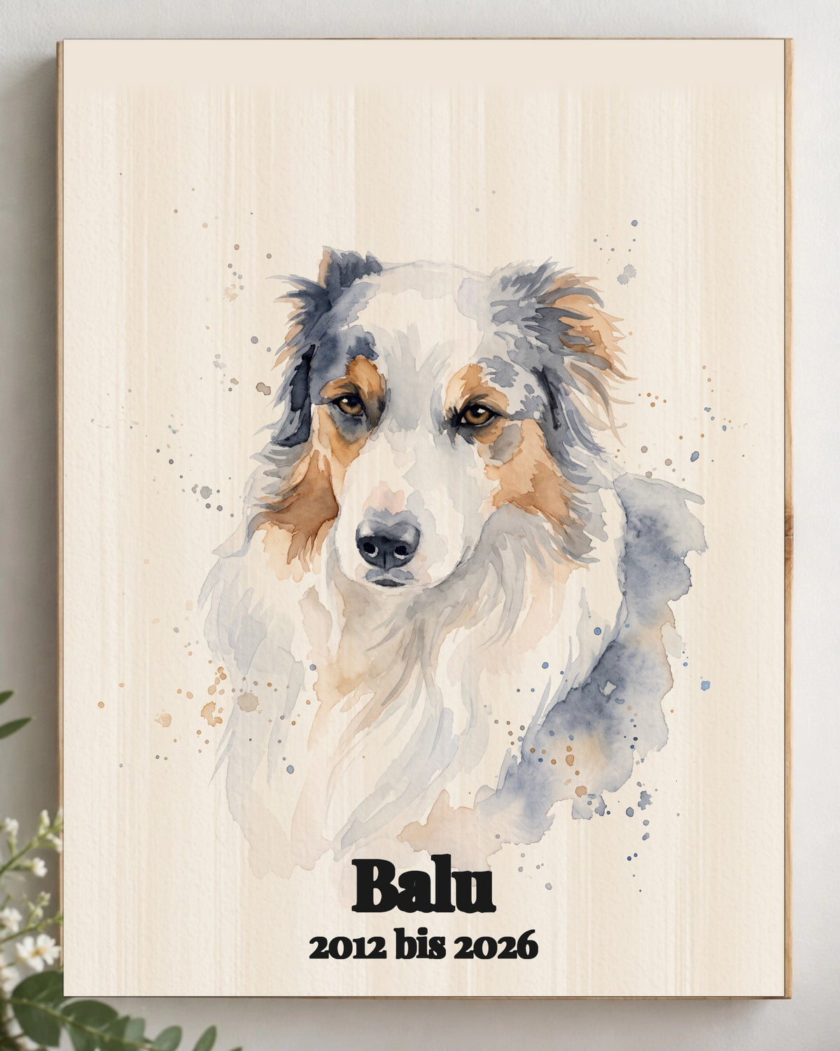 Gedenkbild auf Holz für deinen Hund im Aquarell-Stil mit Namen Balu und Lebensjahren