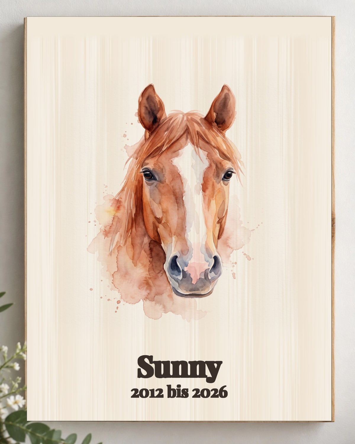 Gedenkbild auf Holz für dein Pferd im Aquarell-Stil mit Namen Sunny und Lebensjahren