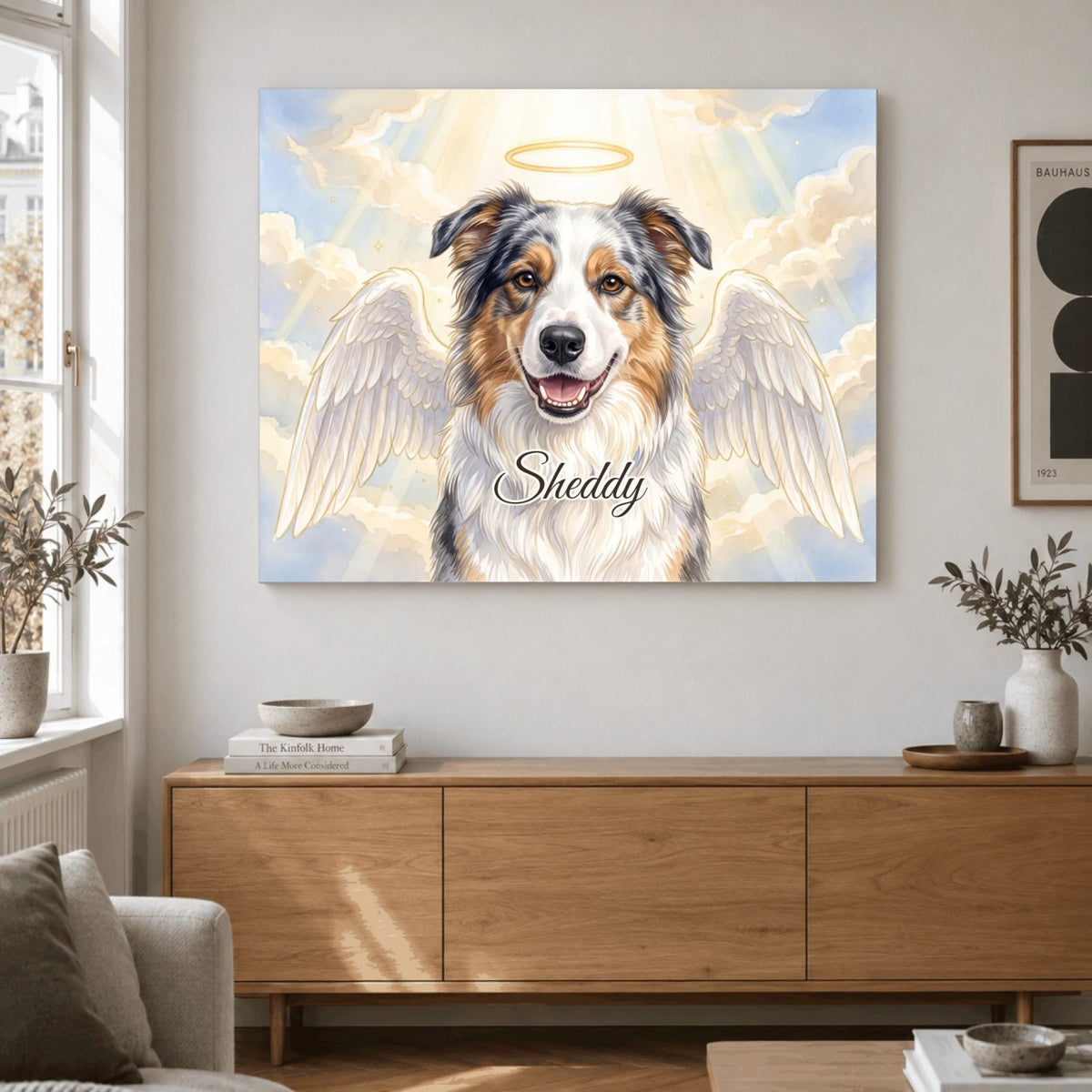 Angel memorial portrait on canvas in the living room: Sheddy the dog with angel wings and a halo, with name