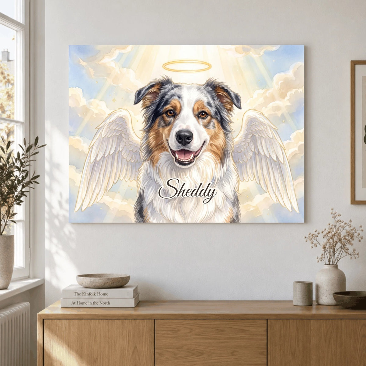 Ritratto commemorativo Angelo come poster orizzontale appeso alla parete: il cane Sheddy con ali d'angelo e aureola, con nome