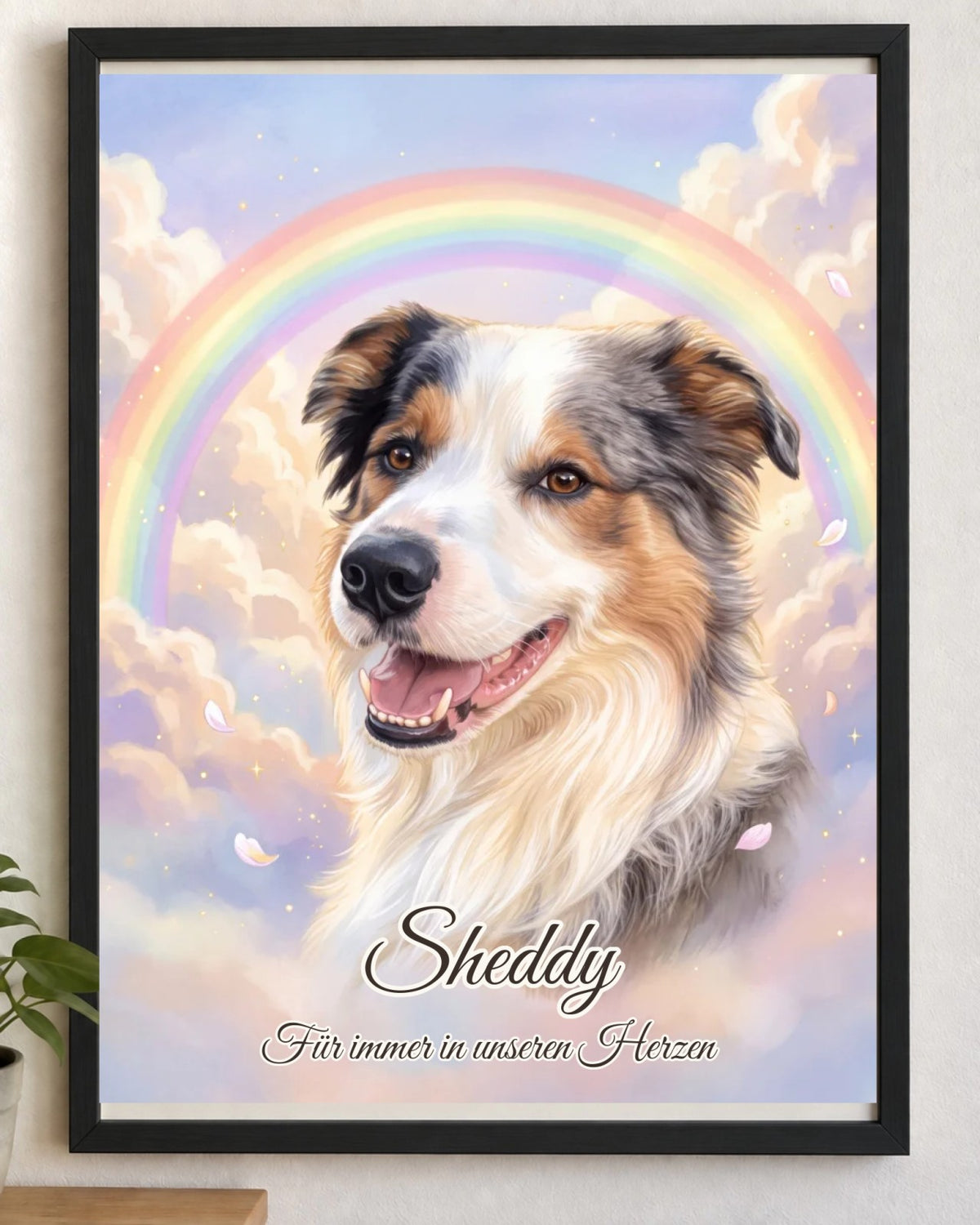 Ritratto commemorativo Ponte dell'arcobaleno con cornice in legno nera, formato verticale: il cane Sheddy davanti a un arcobaleno tra nuvole pastello, con nome