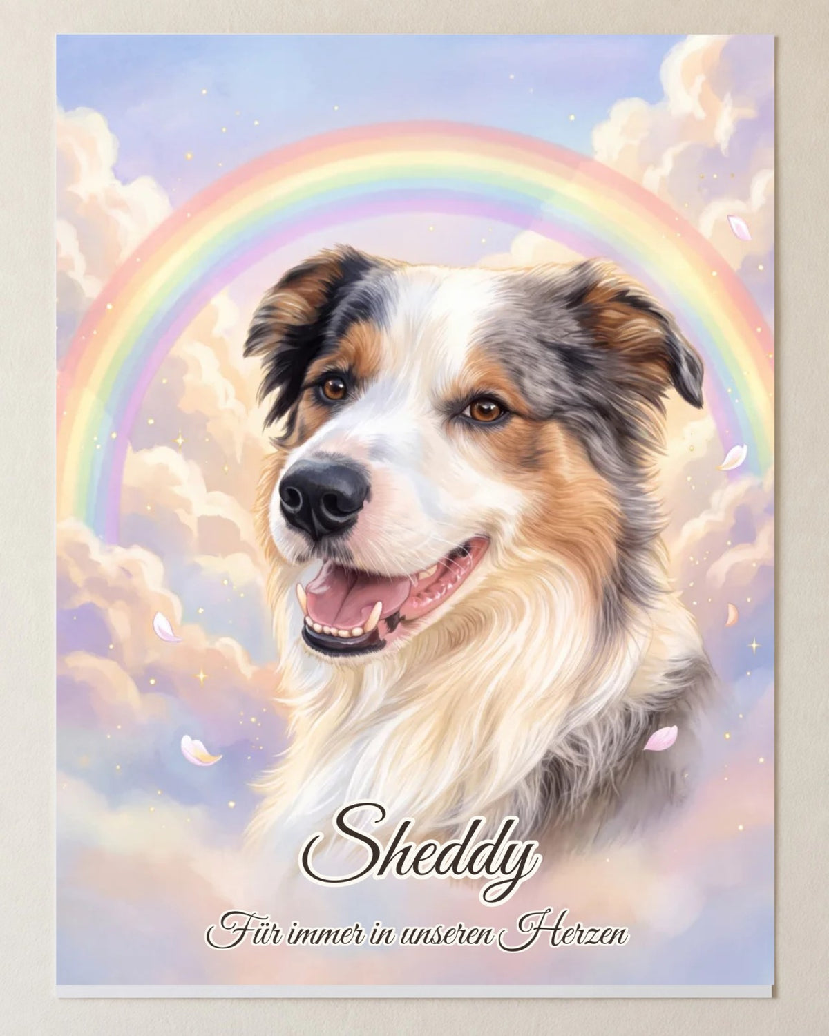 Ritratto commemorativo Ponte dell'arcobaleno come poster, formato verticale: il cane Sheddy davanti a un arcobaleno tra nuvole pastello, con nome