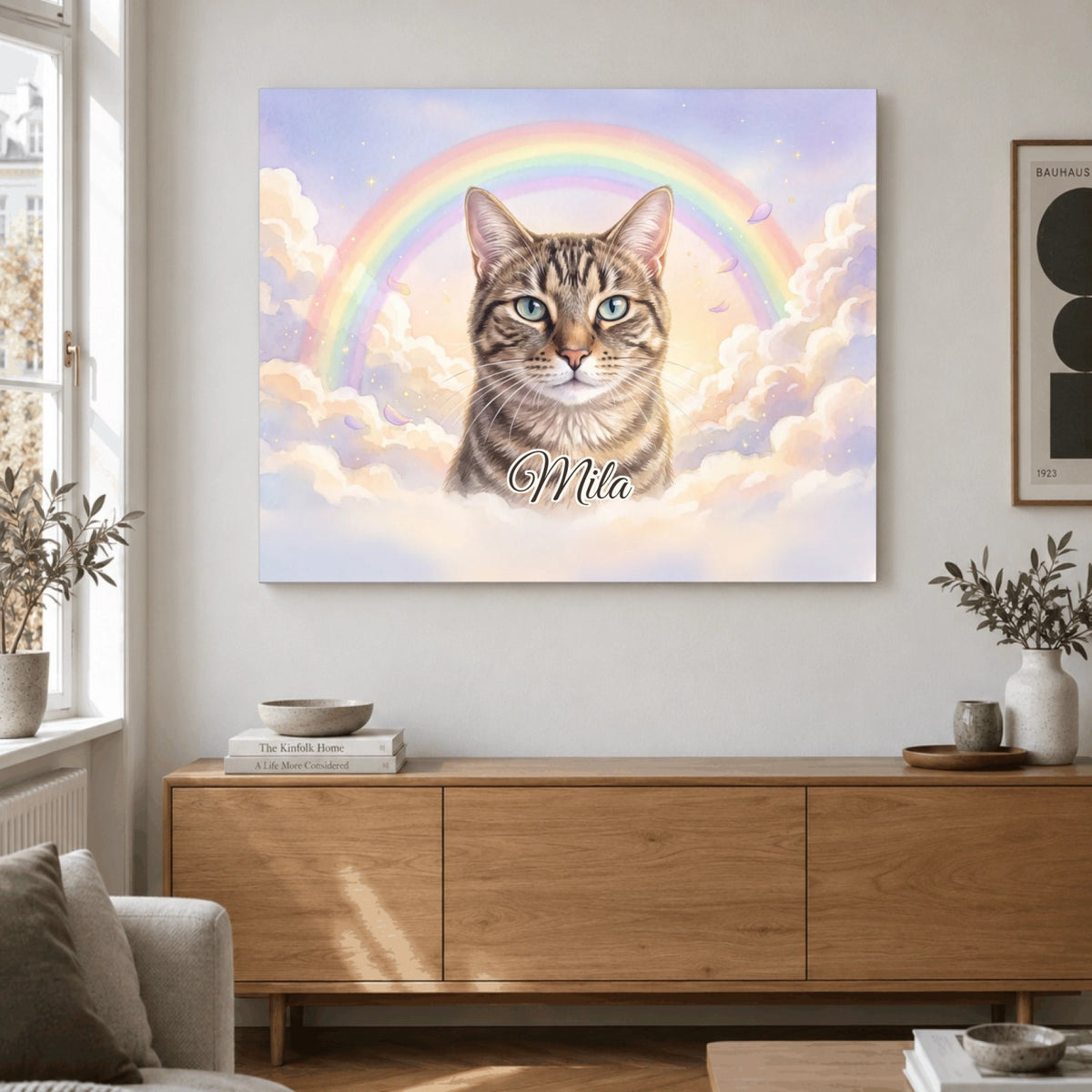 Rainbow Bridge memorial portrait on canvas in the living room: Mila the cat beneath a rainbow in the clouds, with name