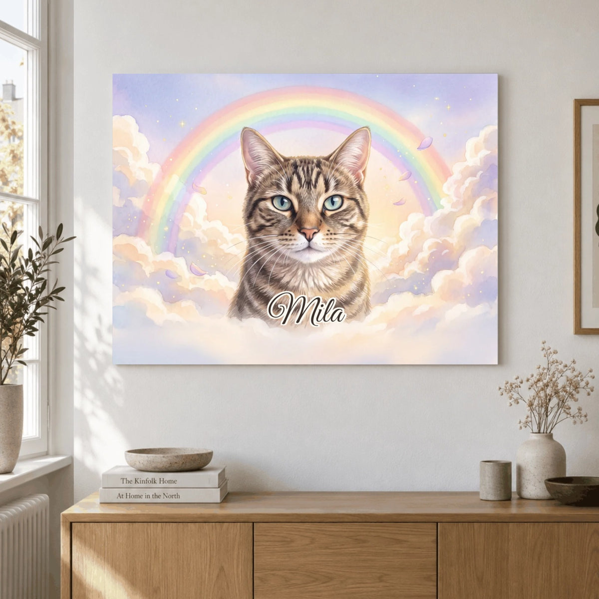 Gedenkportrait Regenbogenbrücke als Poster an der Wand: Katze Mila unter einem Regenbogen in Wolken, mit Namen