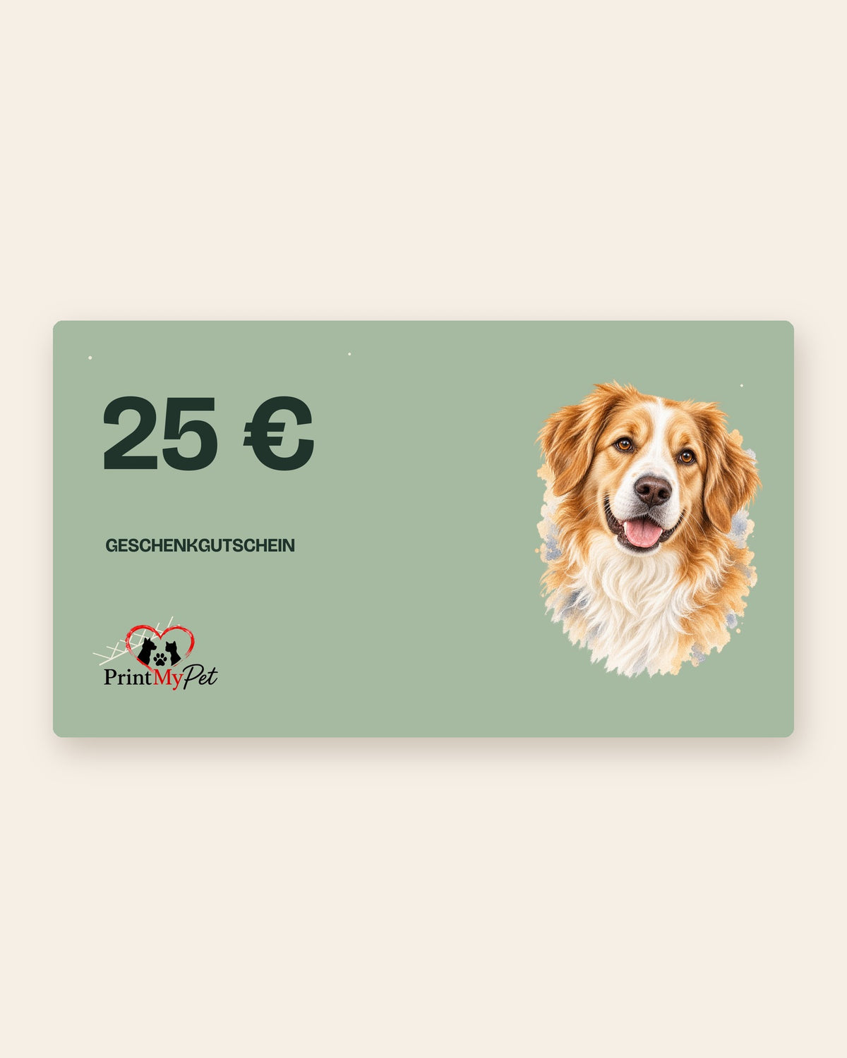 Geschenkgutschein über 25 Euro mit Aquarell-Hund auf Salbeigrün
