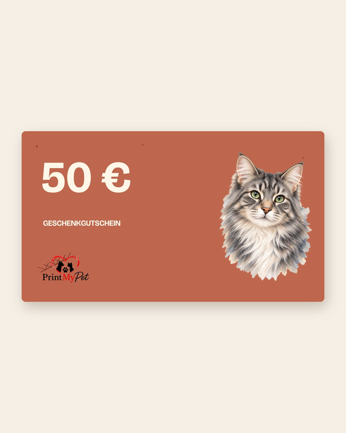 Geschenkgutschein über 50 Euro mit Aquarell-Katze auf Terrakotta
