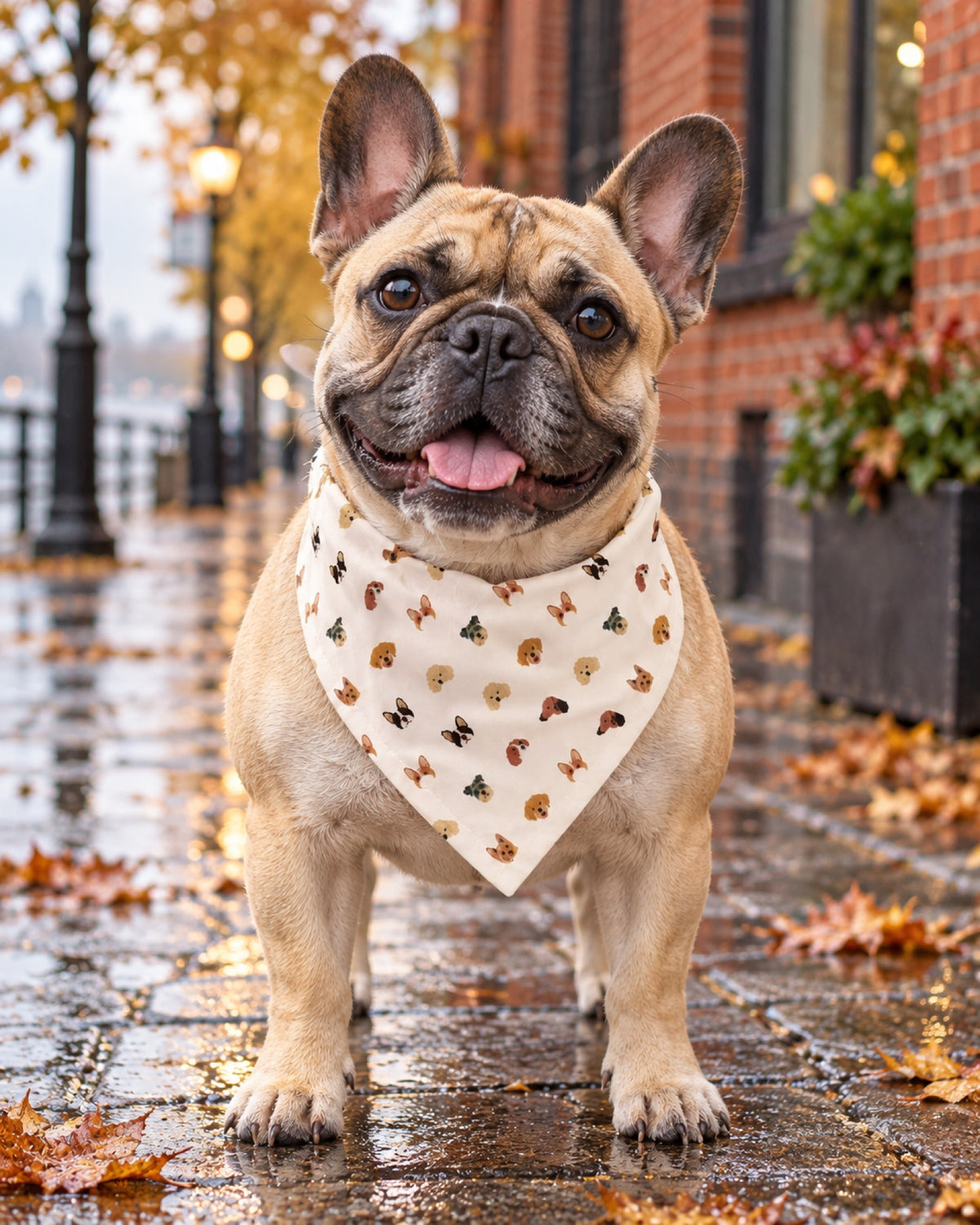Französische Bulldogge mit cremefarbenem Halstuch mit Hundeköpfen auf einer regennassen Stadtpromenade vor rotem Backstein im Herbst