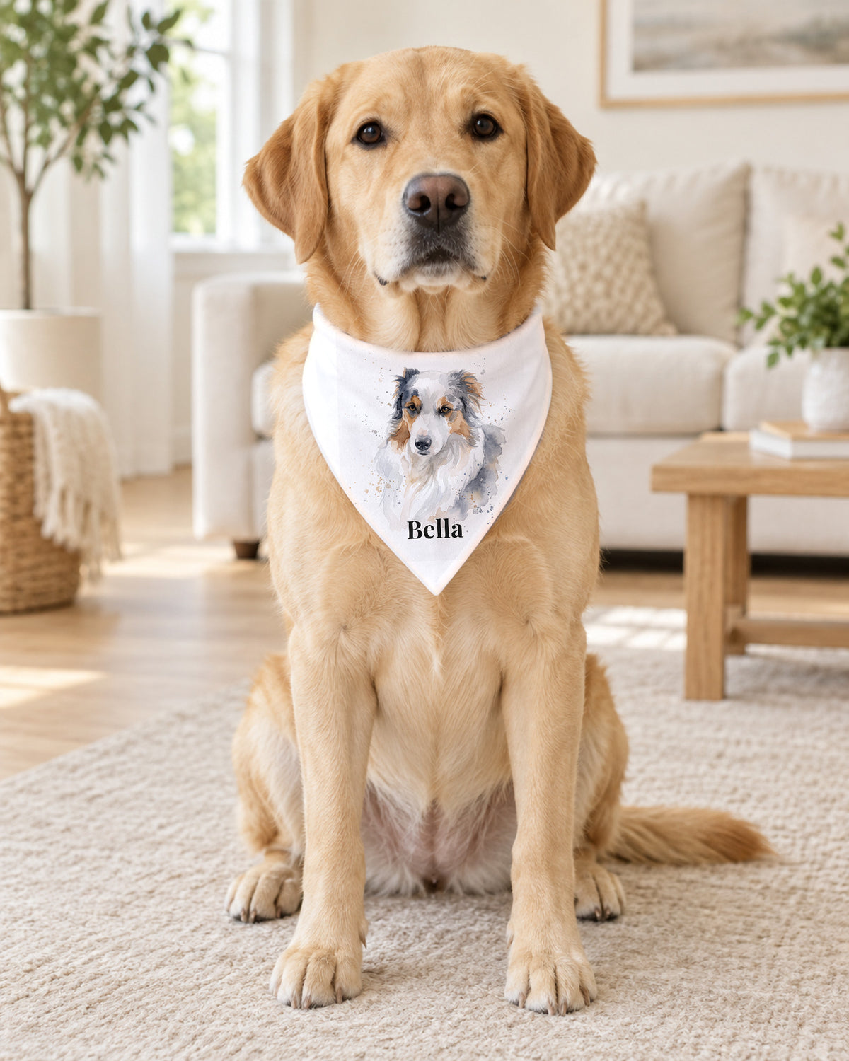 Hundehalstuch mit Hundeportrait im Aquarell-Stil und Namen Bella am Golden Retriever